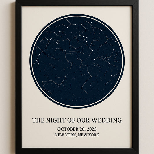 A professionally framed custom star map print showing constellations on a wedding night. Alt: Custom star map print first anniversary commemorating a special date.