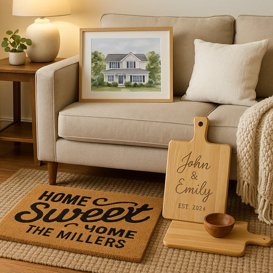 A cozy living room scene featuring personalized gifts like custom doormats, engraved cutting boards, and a watercolor house portrait. Alt: Personalized New Home gift ideas enriching cozy living spaces.