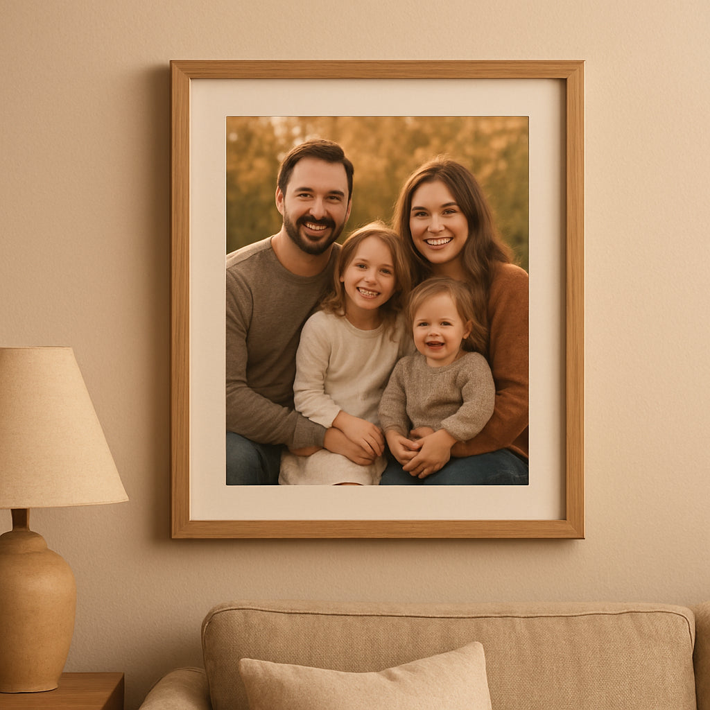 A warm‑lit living room wall featuring a family photo printed on matte cotton paper, framed in a light oak frame. Alt: matte cotton paper art print on wall, soft texture, glare‑free display.