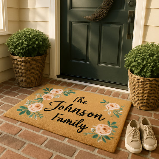A cozy front porch scene showcasing a beautiful personalized family name doormat with floral design, welcoming a happy family home. Alt: Personalized family name doormat gift beautifully placed on a welcoming front porch.