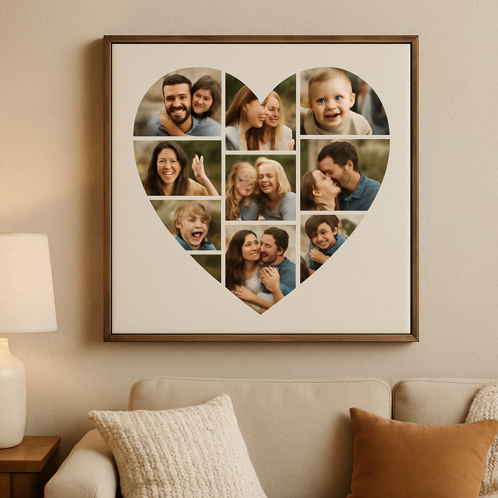 A heart‑shaped collage canvas hanging on a cozy living‑room wall, showing the texture and frame details. Alt: heart photo collage canvas displayed on a wall.