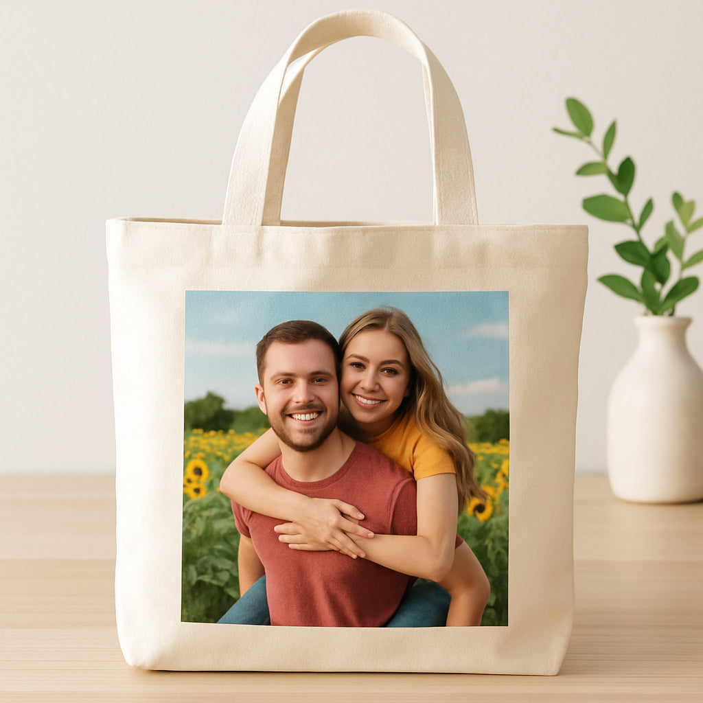 A bright, well-lit photograph of a tote bag with a vibrant printed photo, showcasing the personalized canvas design. Alt: personalized photo canvas tote bag gift example.