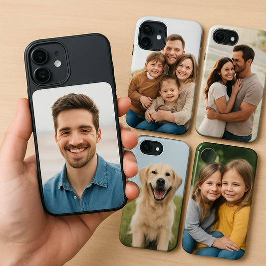 A close‑up of a hand holding a smartphone with its back exposed, showing the camera module and a selection of custom photo phone cases laid out beside it. Alt: personalized photo phone case selection with model matching details.