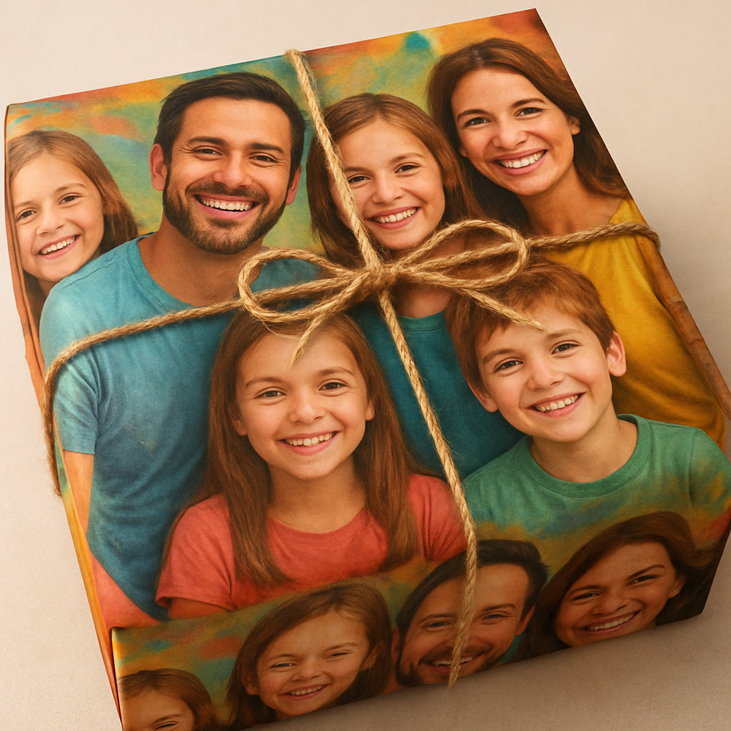 A close‑up of a beautifully designed custom face wrapping paper sheet featuring a smiling family portrait, vibrant colors matching the photo’s palette, displayed on a gift box. Alt: custom face wrapping paper design theme example
