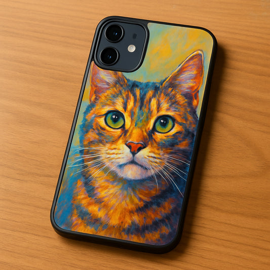 A sleek smartphone on a wooden desk with a custom pet portrait phone case displayed, showing the pet’s face in vibrant colors. Alt: custom pet portrait phone case on smartphone showcasing personalized design