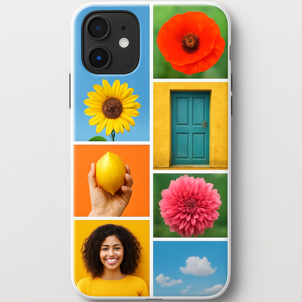 A vibrant collage of 7 photos arranged in a square grid on a phone case mockup, showing bright colors and a thin white border between images. Alt: custom photo collage phone case layout example.