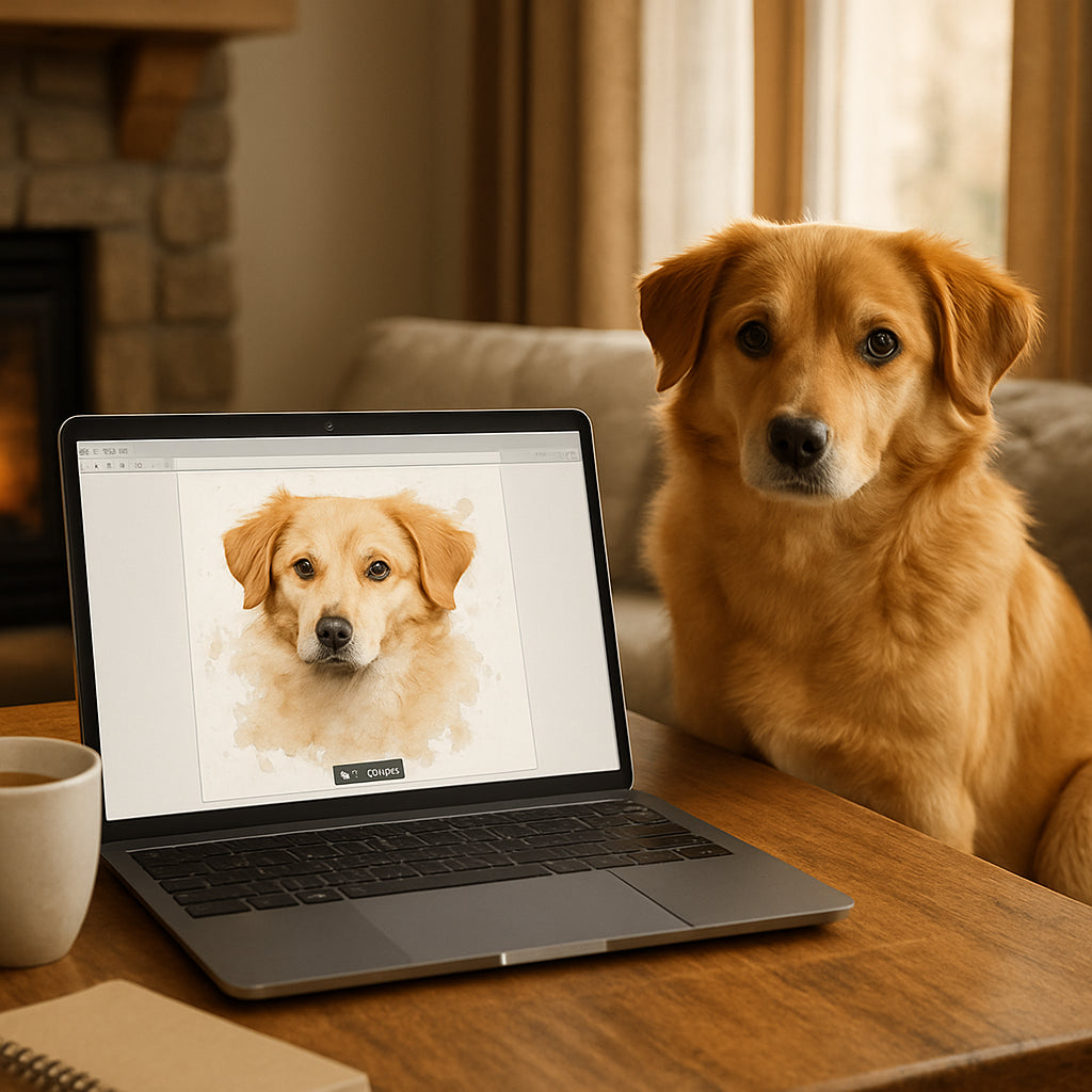 A cozy home scene with a dog sitting beside a laptop displaying a high‑resolution pet photo ready for upload. Alt: Custom watercolor pet portrait printable download preparation photo.