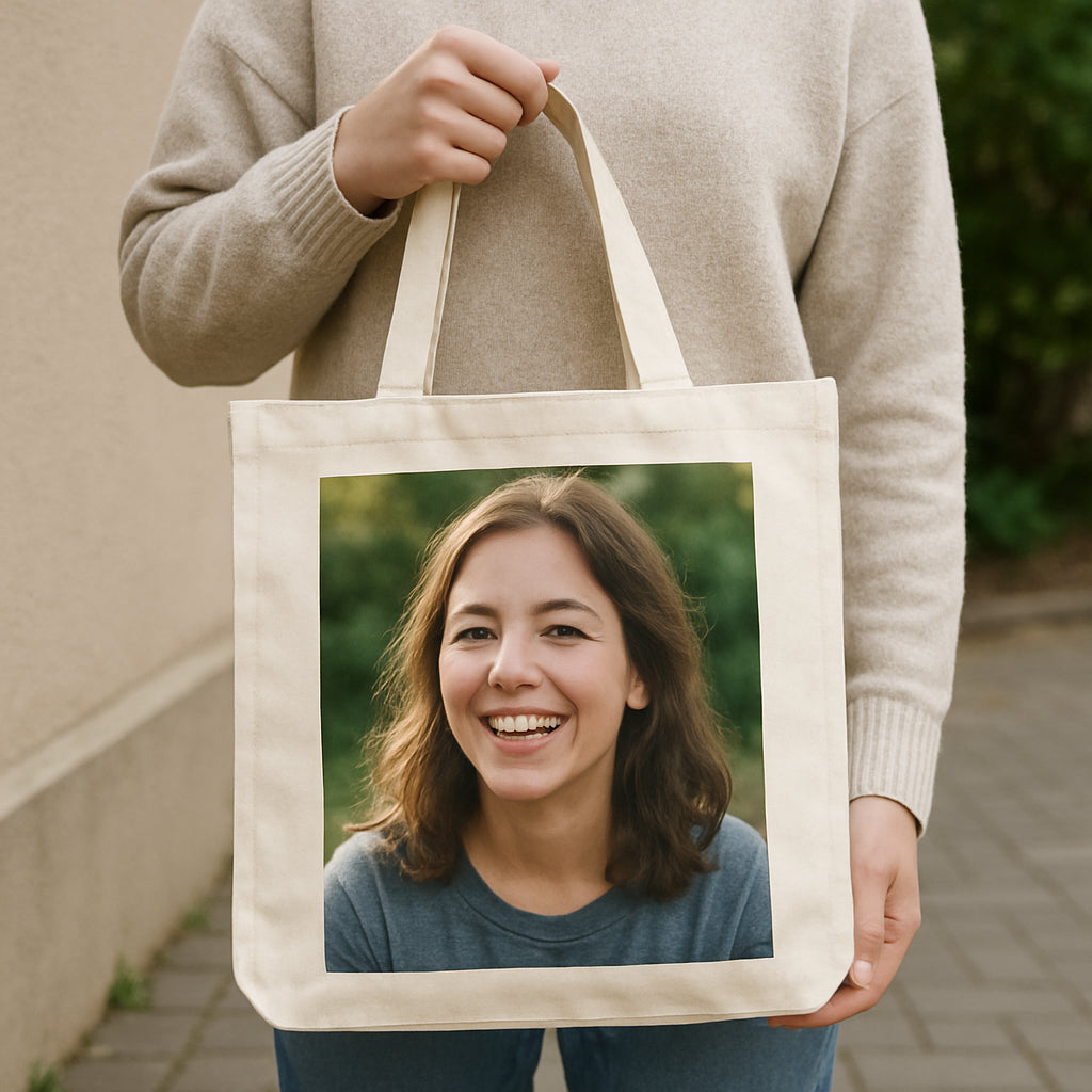A person holding a personalized photo canvas tote bag with a smiling candid photo printed on it. Alt: Personalized photo canvas tote bag gift featuring a clear smiling portrait.