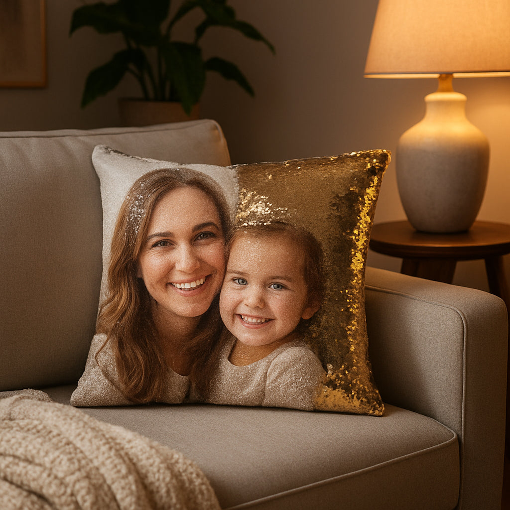 A cozy living room scene with a custom photo sequin pillow on a sofa, showing the pillow in both solid and sequined states, with soft lighting highlighting the glitter effect. Alt: custom photo sequin pillow living room décor