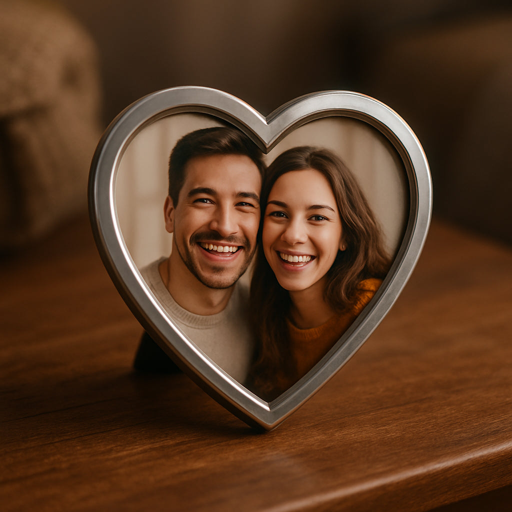 A close-up of a custom heart shaped photo frame holding a brightly smiling couple’s photo, placed on a cozy wooden table. Alt: Custom heart shaped photo frame gift with a happy couple photo inside.
