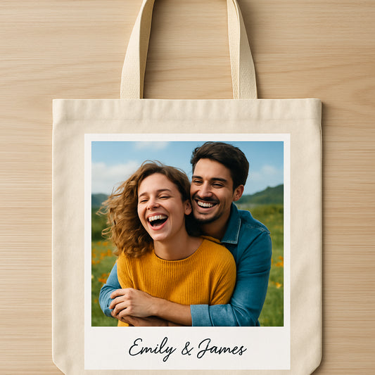 A vibrant personalized photo canvas tote bag showcasing a clear, colorful photo with a clean white border and a small, elegant script text. Alt: Personalized photo canvas tote bag gift with thoughtful photo and stylish design.