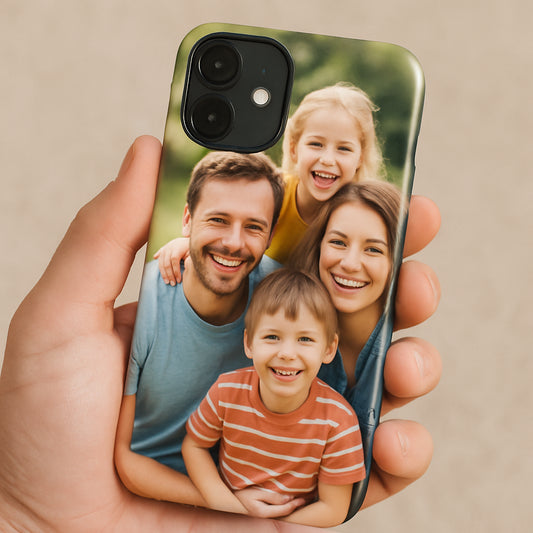 A close‑up of a hand holding a smartphone with a custom photo case, showing the case’s fit and a vivid family photo printed on it. Alt: personalized photo phone case showcasing perfect model fit and vibrant image.