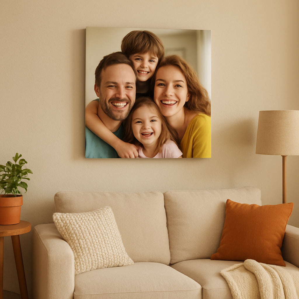 A cozy living room wall with a 12x12 inch square photo canvas of a family smiling, bright colors, soft natural lighting. Alt: square photo canvas on a living room wall