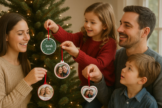 A family hanging personalized Christmas ornaments on their tree. Alt: Personalized Christmas ornaments for cherished memories.