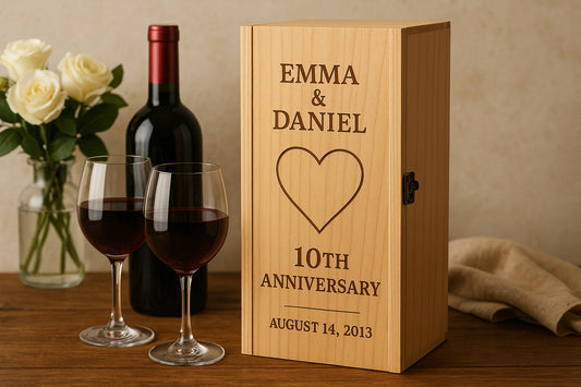 Custom engraved wooden anniversary wine box with personalized names and dates, beautifully staged. Alt: Custom wedding gift ideas featuring anniversary wine box personalization.