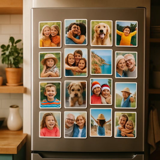 A cozy kitchen fridge covered in vibrant, joyful custom photo magnets featuring family moments, pets, and travel memories. Alt: A collage of colorful custom photo magnets for fridge gift displaying cherished photos.