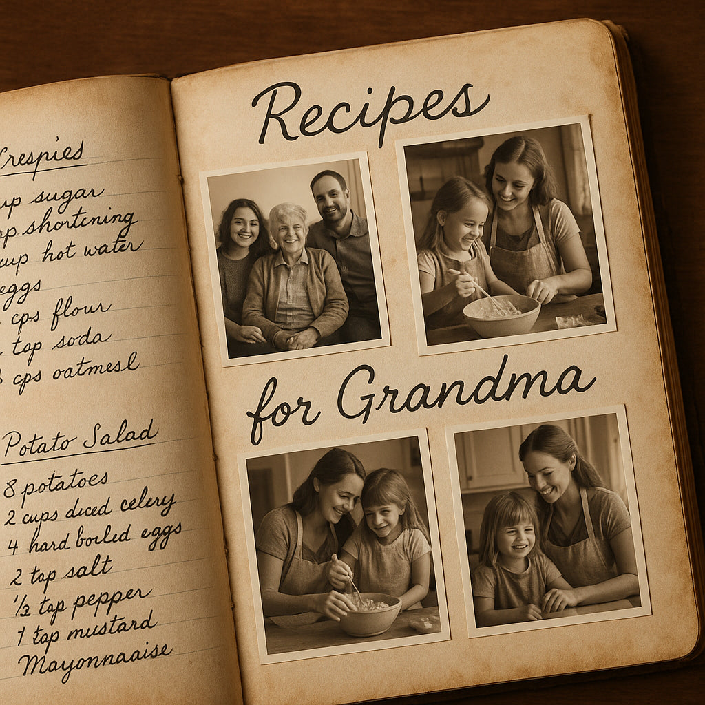 Vintage recipe book featuring family handwritten recipes and photos. Alt: Personalized recipe book gift for grandma showcasing handwritten recipes and family photos.