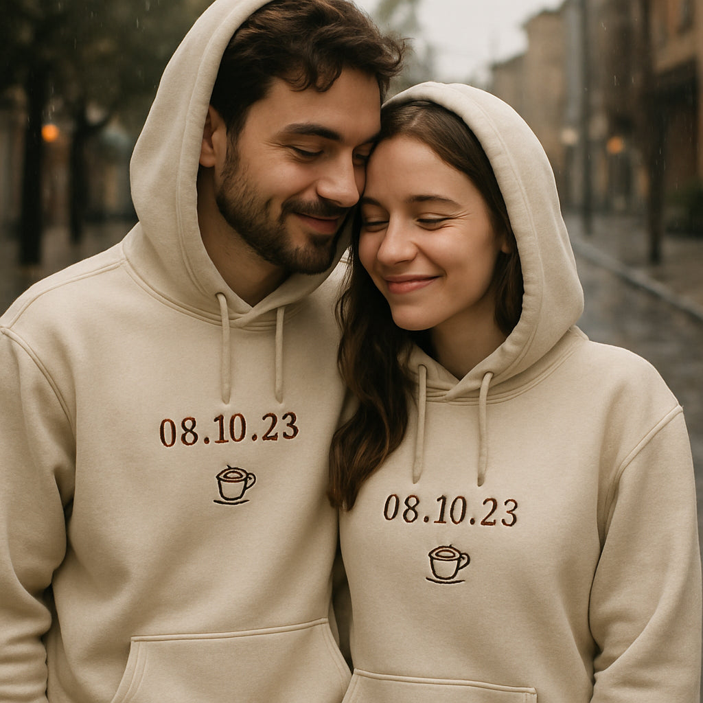 A cozy couple wearing matching custom hoodies on a rainy street, showing detailed embroidery of a date and tiny coffee cup icon. Alt: Trendy design ideas for custom couple hoodies