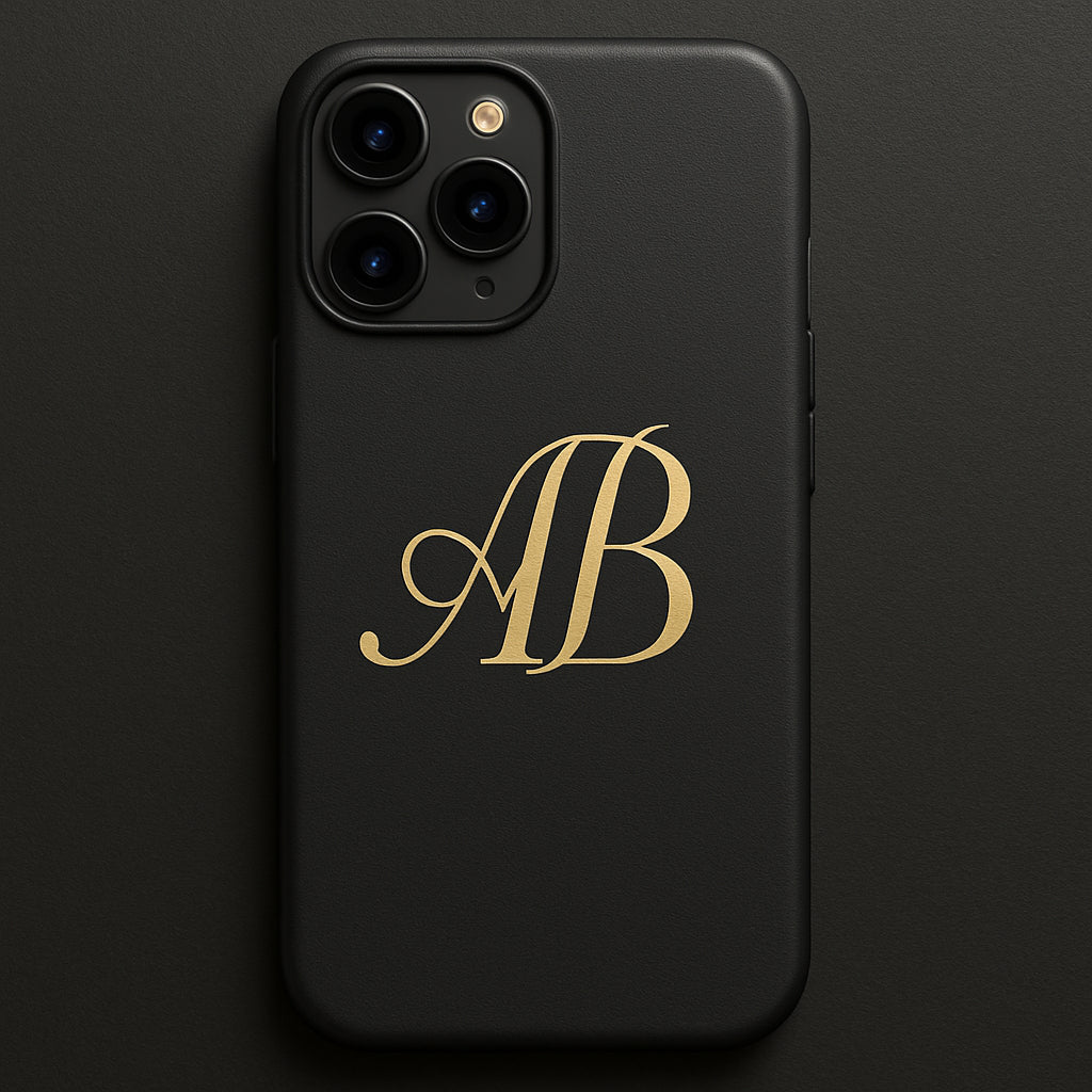 A sleek smartphone case with elegant gold monogram initials on a matte black background. Alt: custom name phone case monogram design showcasing classic initials on a sleek case.