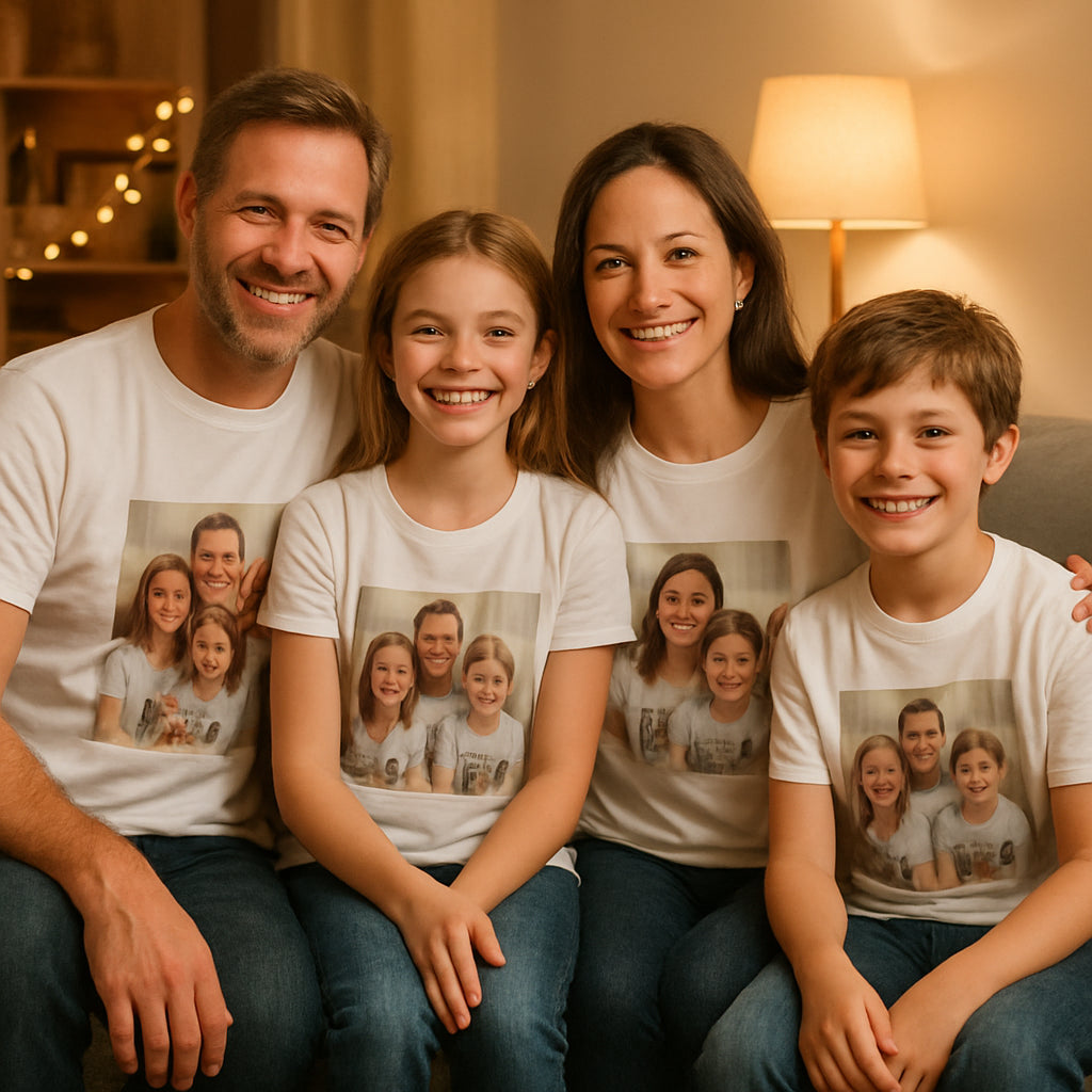 A cozy family gathering in a living room, everyone wearing matching custom family photo t shirts, warm lighting, candid smiles, high‑resolution, alt: family photo t shirt ideas