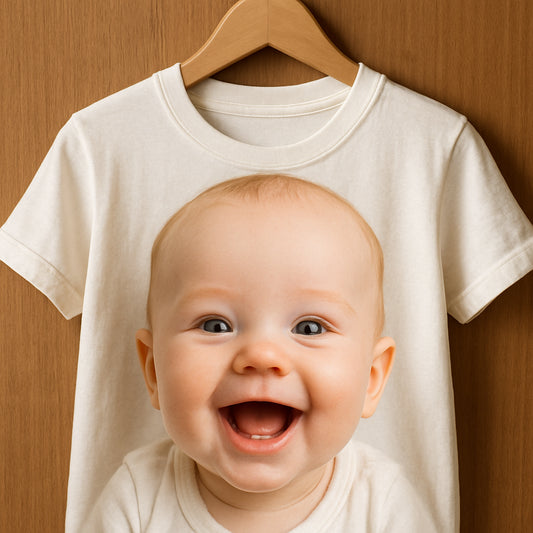 A close‑up of a custom face t‑shirt on a wooden hanger, showing a vivid baby smile printed on soft cotton. Alt: custom face t shirt photo print.