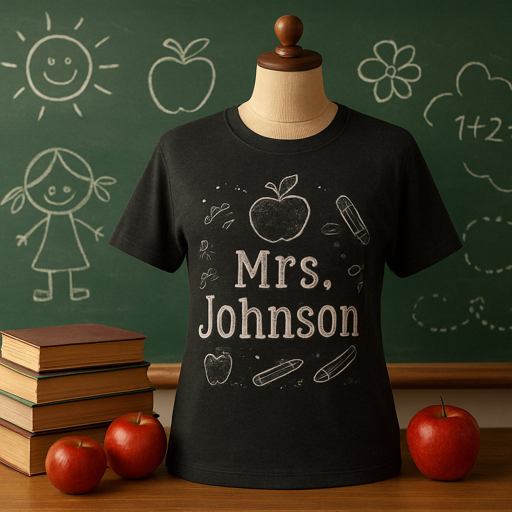 A cozy classroom scene with a chalkboard‑style t‑shirt displayed on a mannequin, surrounded by chalk doodles, apples, and a stack of books. Alt: Classic chalkboard themed personalized teacher t shirt design ideas.