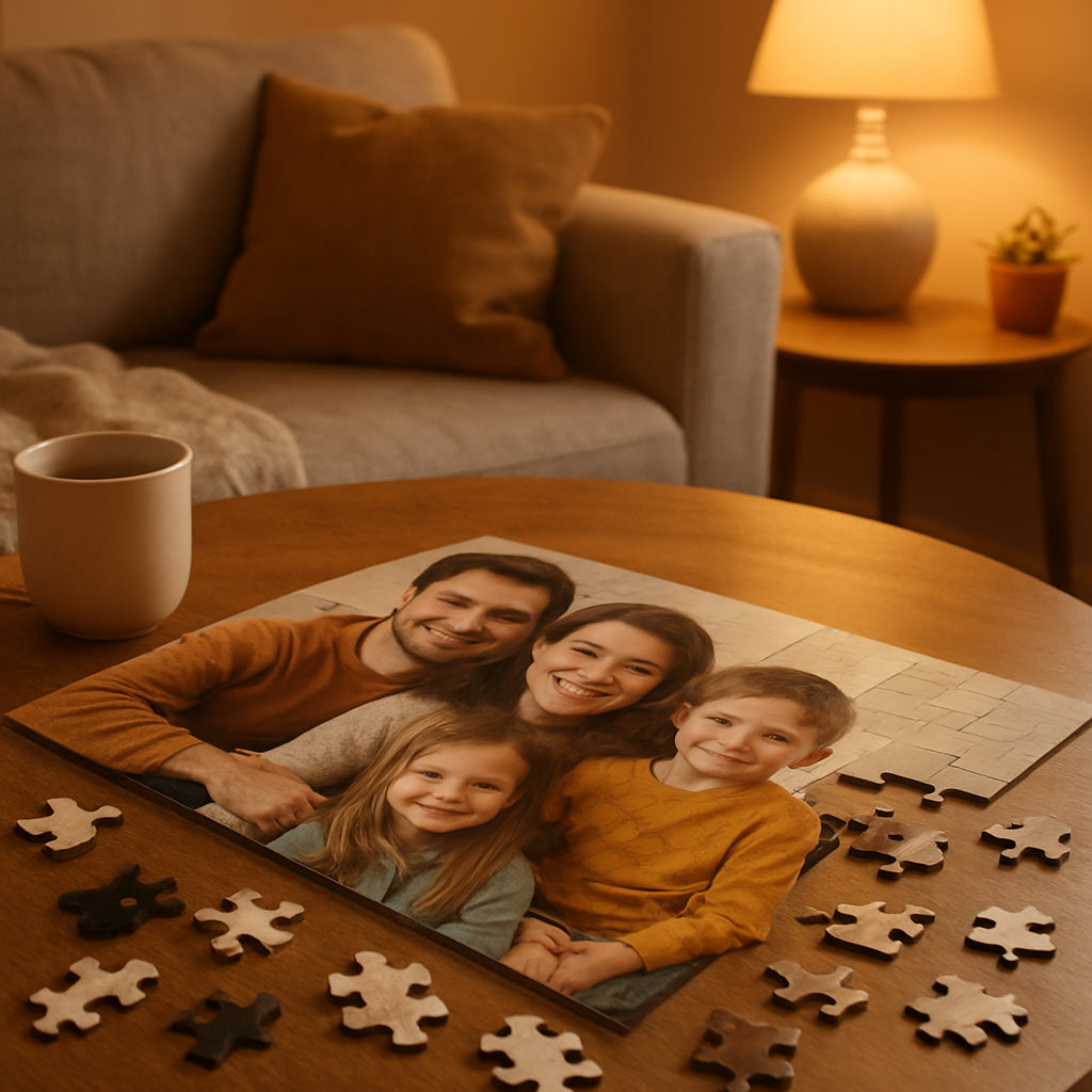 A cozy living room table with a partially assembled custom photo puzzle showing a family portrait, warm lighting, soft focus. Alt: Custom photo puzzle gift idea for families.