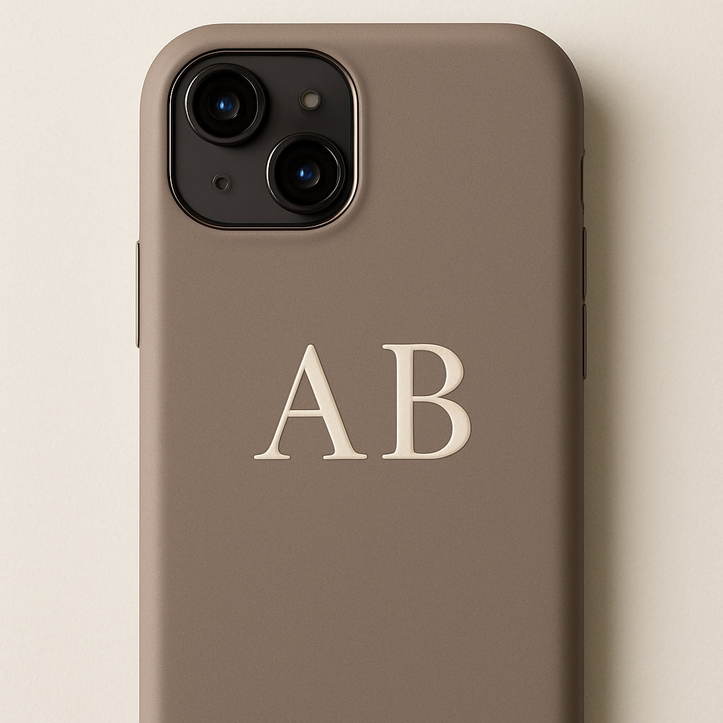 A sleek phone case with elegant monogram initials, soft matte finish, close-up view. Alt: custom name phone case monogram style