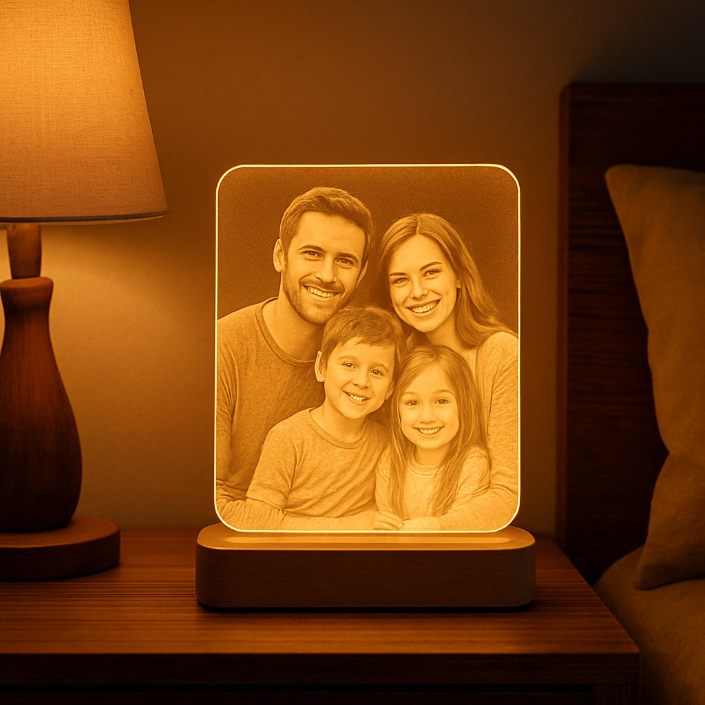 A warm‑lit custom photo LED lamp on a wooden bedside table, showing a family portrait glowing softly. Alt: custom photo LED lamp size guide on bedside table