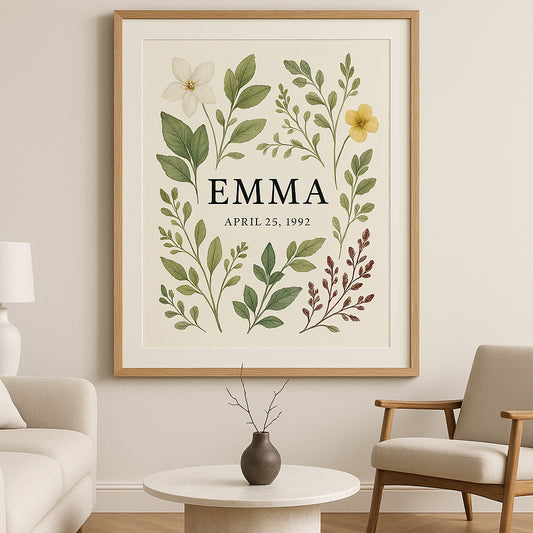 An elegant framed personalized botanical art print hanging in a modern living room setting. Alt: Personalized botanical art print gift displayed in stylish home interior