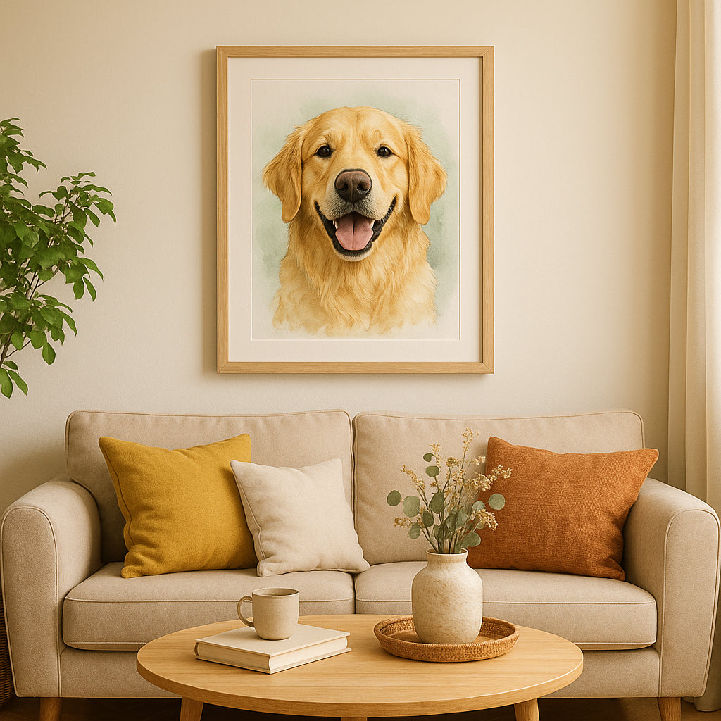 A bright, cozy living room wall adorned with a custom watercolor pet portrait gift, capturing a golden retriever’s joyful expression. Alt: Custom watercolor pet portrait gift showing a golden retriever’s portrait hanging on a stylish living room wall.