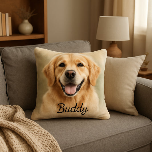 A cozy living room scene with a plush photo‑printed pillow featuring a golden retriever’s smiling face and the name “Buddy” embroidered in cursive. Alt: personalized pet memorial pillow gift featuring a dog photo and name.