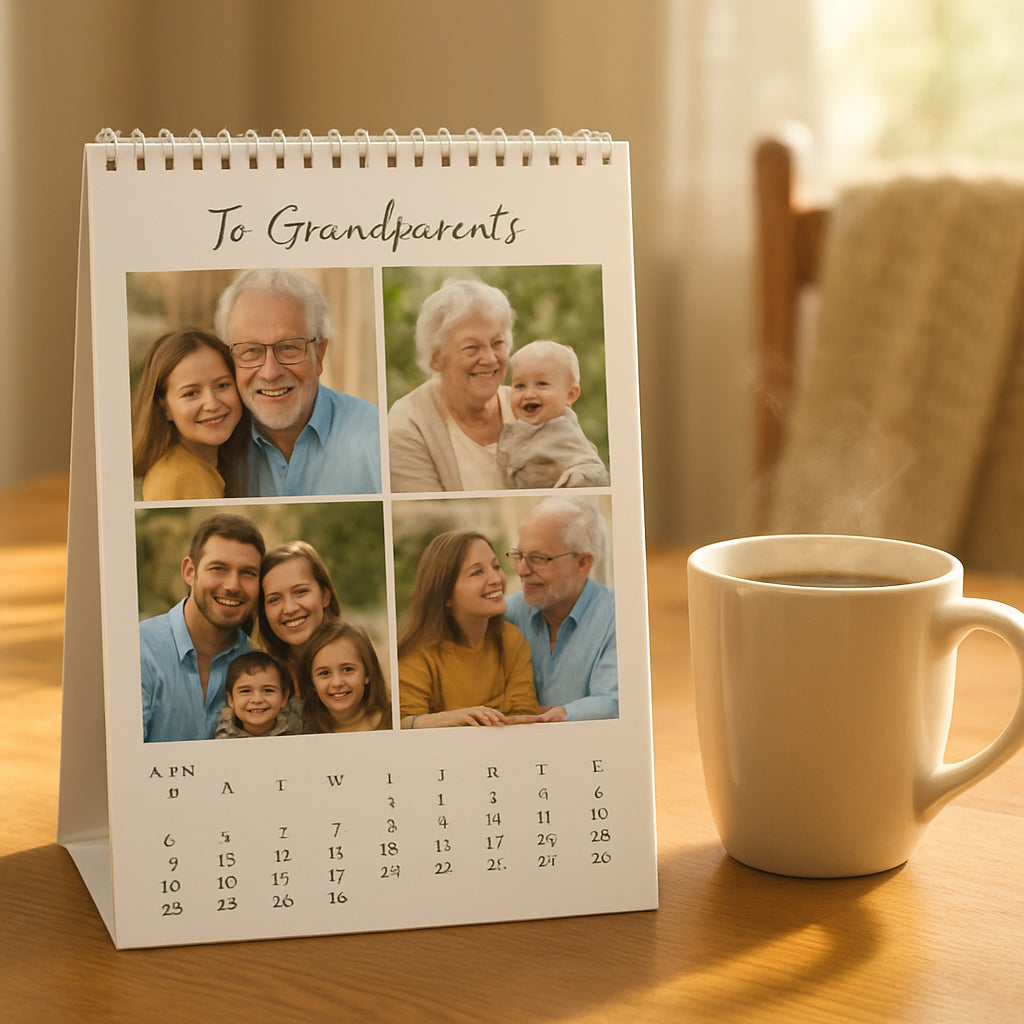 A warm, sunlit kitchen table with a custom photo calendar displaying family pictures, a steaming cup of coffee, and a cozy blanket in the background. Alt: Personalized photo calendar for grandparents showcasing family moments.