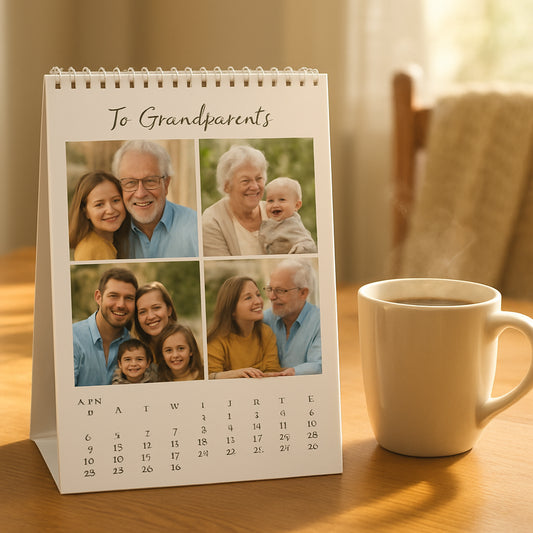 A warm, sunlit kitchen table with a custom photo calendar displaying family pictures, a steaming cup of coffee, and a cozy blanket in the background. Alt: Personalized photo calendar for grandparents showcasing family moments.