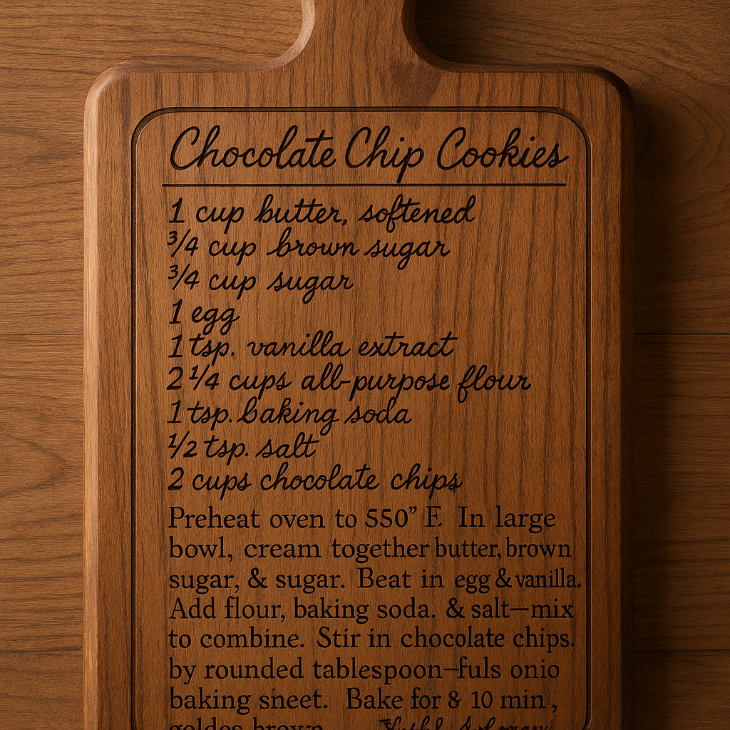 A beautifully engraved wooden cutting board displaying a handwritten recipe, showcasing intricate detailing and warm wood tones. Alt: Personalized recipe cutting board gift featuring engraved family recipe.