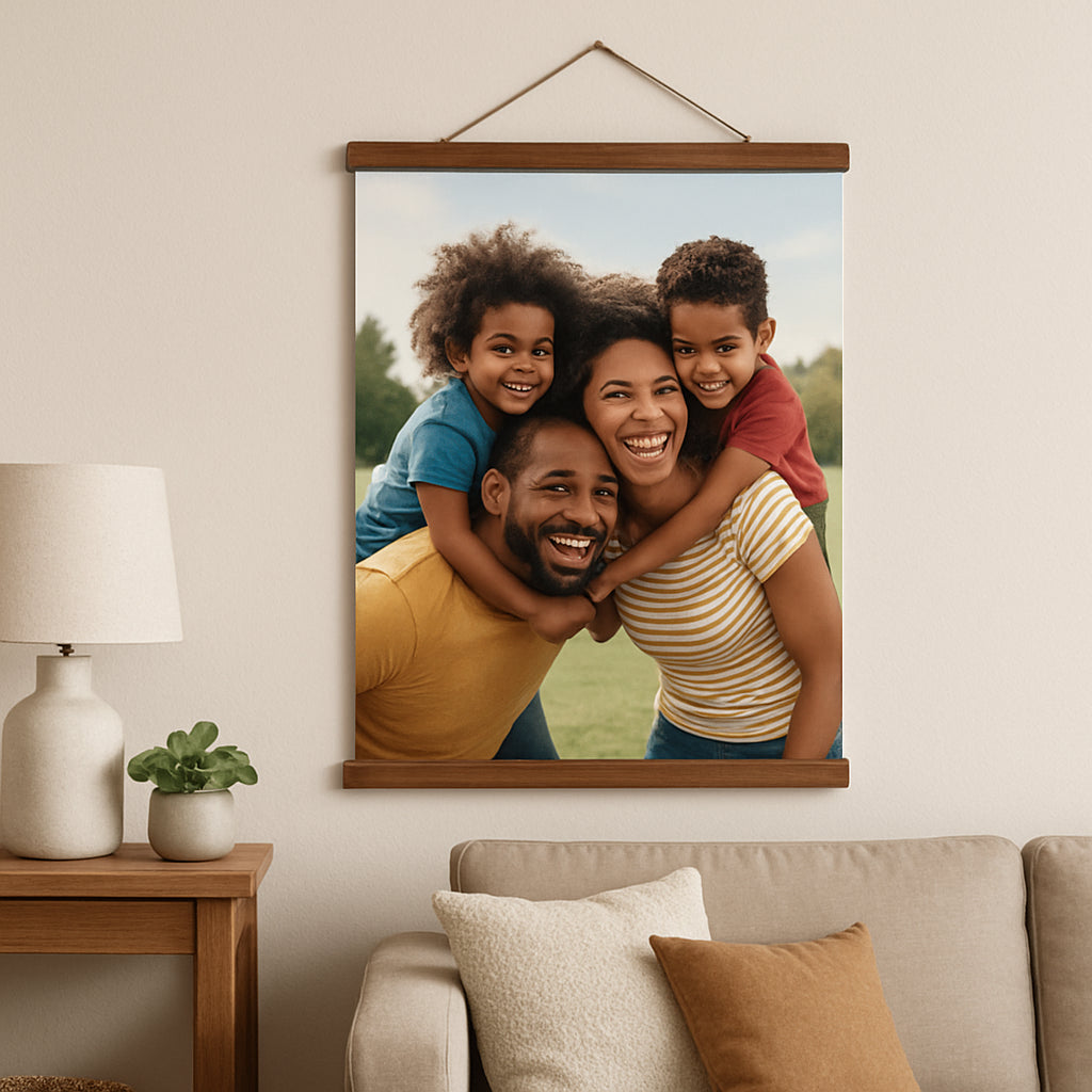 A cozy living room wall showcasing a beautifully framed custom photo hanging canvas gift featuring a vibrant family moment. Alt: Custom photo hanging canvas gift displayed on a living room wall highlighting a joyful family memory.