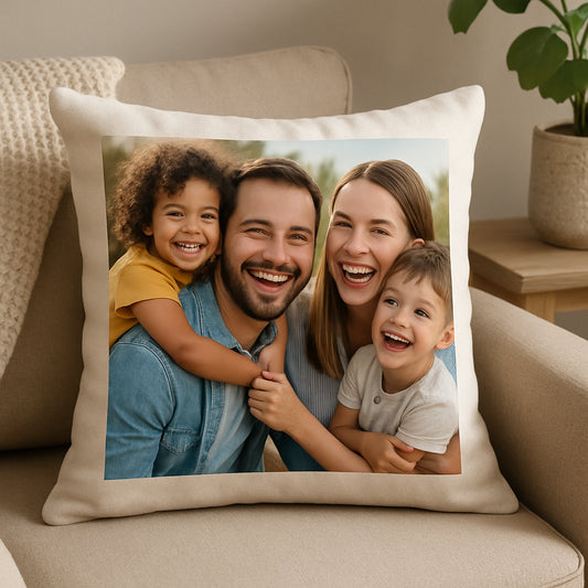 A cozy, personalized pillow cover featuring a clear, vibrant photo of a joyful family moment. Alt: Personalized photo pillow cover gift showcasing a bright and clear family photo.