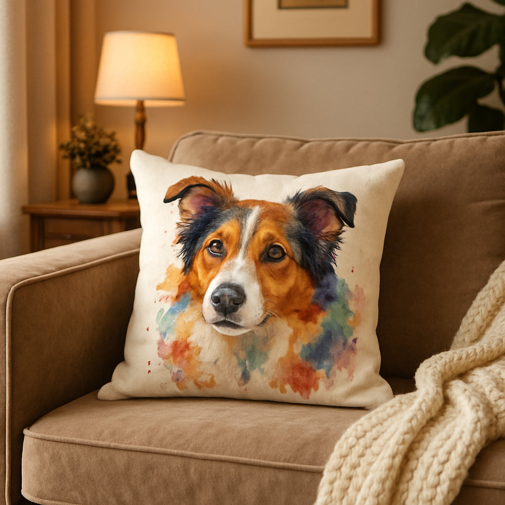 A cozy living room scene featuring a personalized watercolor pet portrait throw pillow on a plush sofa. Alt: Personalized watercolor pet portrait throw pillow gift highlighting a colorful pet portrait and soft textures.
