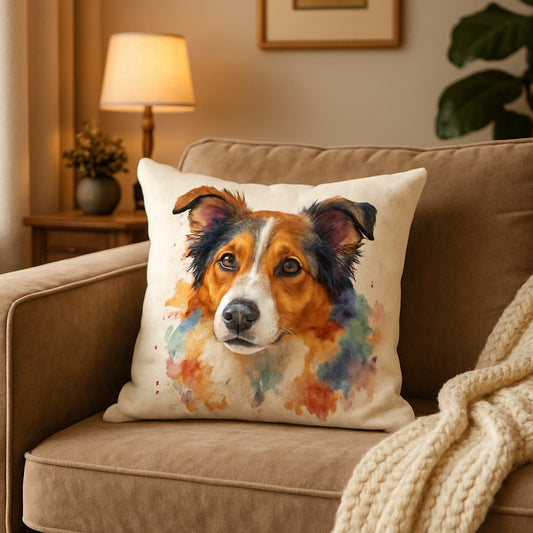 A cozy living room scene featuring a personalized watercolor pet portrait throw pillow on a plush sofa. Alt: Personalized watercolor pet portrait throw pillow gift highlighting a colorful pet portrait and soft textures.