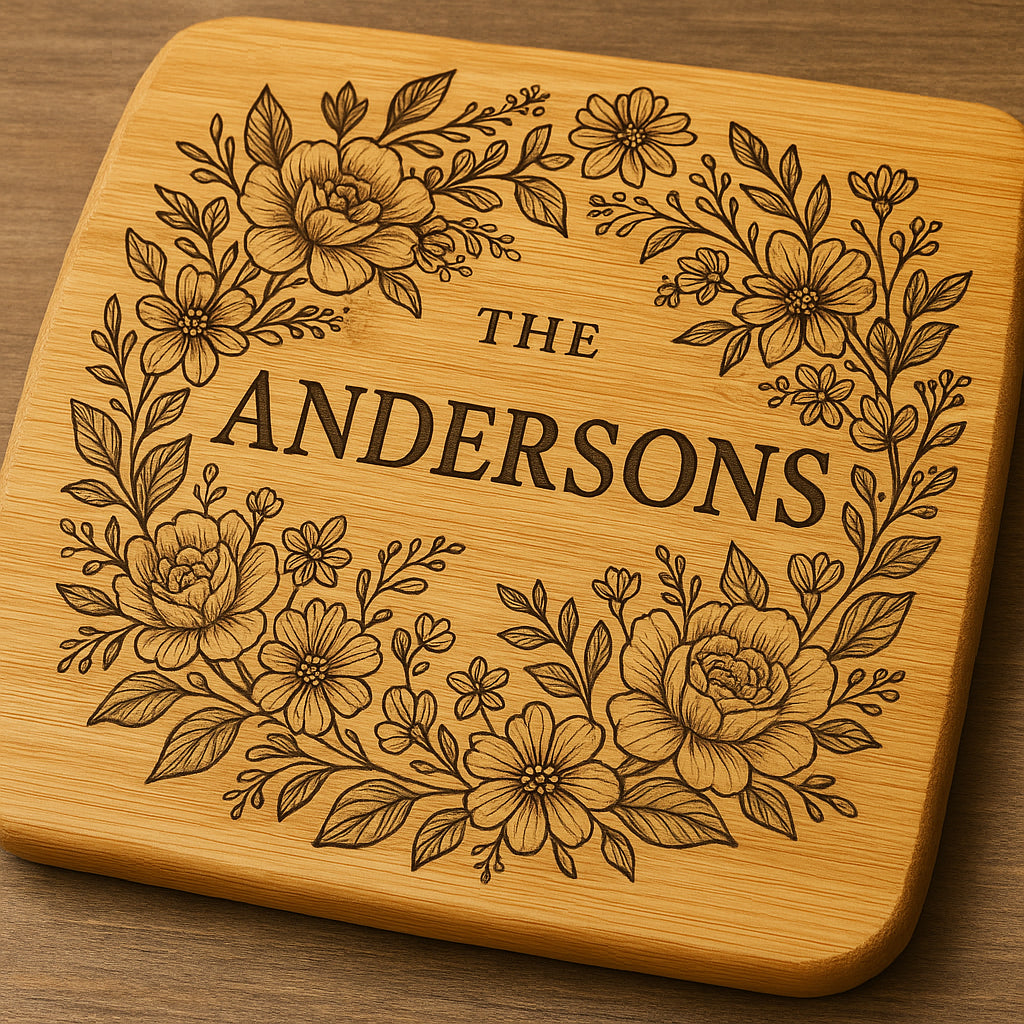 Close-up of a beautifully engraved custom bamboo cutting board featuring a family name and floral design. Alt: Custom engraved bamboo cutting board gift with family name and intricate design.