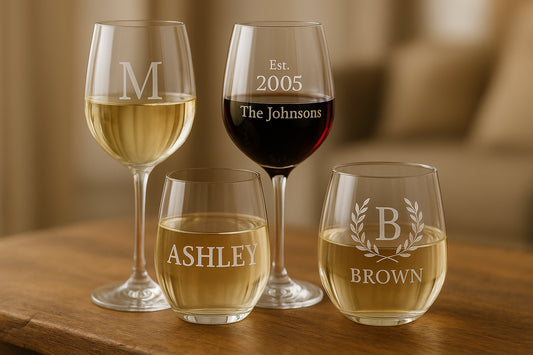 Various types of personalized wine glasses arranged on a wooden table. Alt: Personalized wine glass gift types showcasing stemmed and stemless designs in crystal quality.