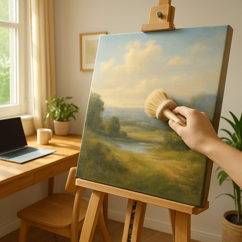 A bright, sunlit home office with a canvas print being gently brushed clean on a wooden easel. Alt: How to clean a canvas print step by step.