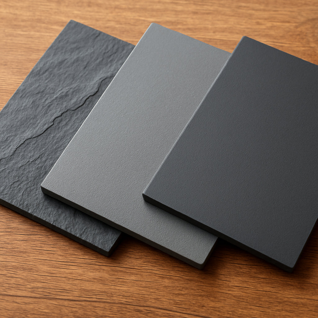 A close‑up of three different slate materials – natural slate with veining, smooth engineered stone, and lightweight polymer composite, arranged on a wooden table. Alt: custom photo slate material comparison showing texture and finish.