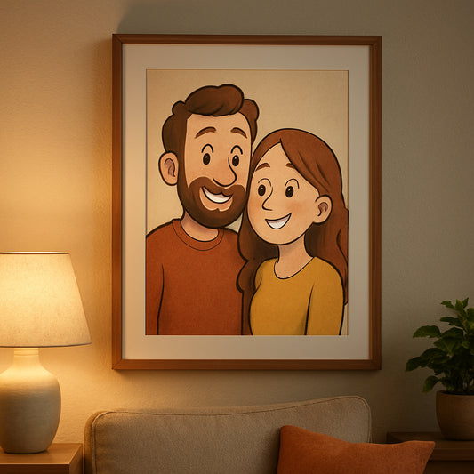 A cozy living room wall with a custom cartoon couple portrait framed, soft lighting, showing a happy couple in a whimsical art style. Alt: custom cartoon couple portrait wall display.