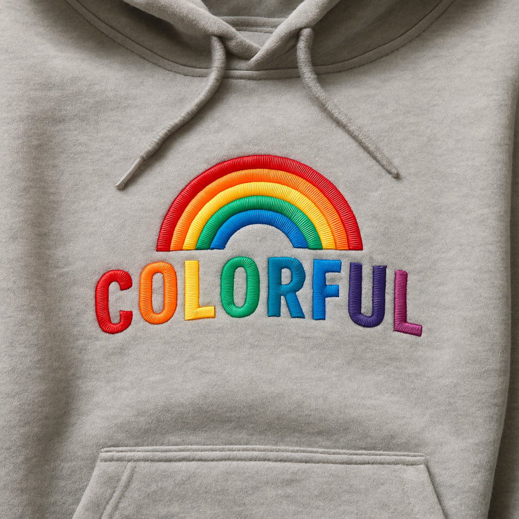 A close‑up of a soft cotton‑polyester hoodie laid flat with a colorful embroidered logo in the center. Alt: custom embroidered hoodie base fabric options and texture details.