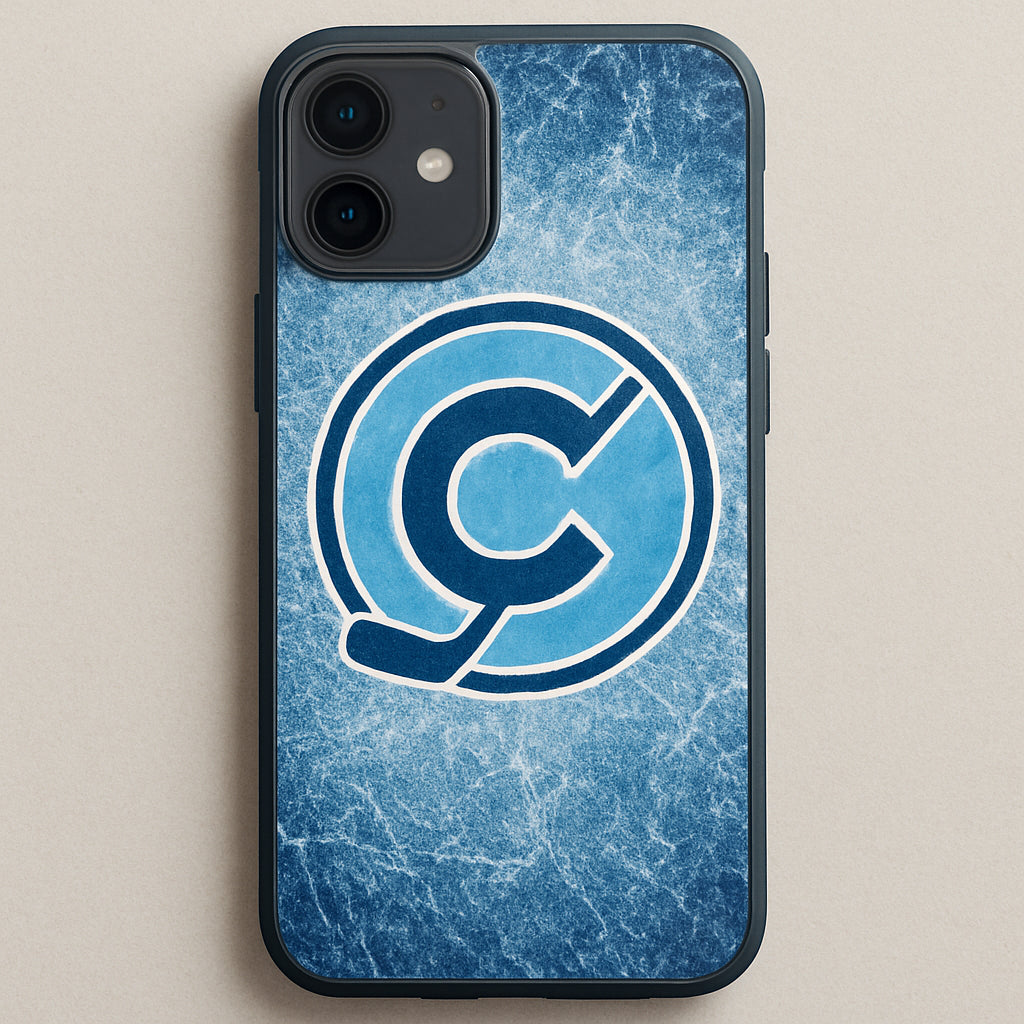 A sleek smartphone with a custom hockey-themed case featuring a team logo and icy texture. Alt: custom hockey phone case design example.