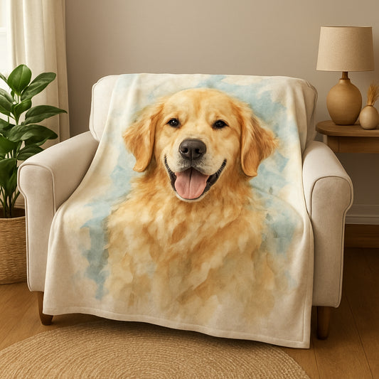 A cozy living room scene featuring a custom pet portrait blanket draped over a sofa, showcasing a golden retriever portrait in a watercolor style. Alt: custom pet portrait blanket featuring a dog in watercolor.