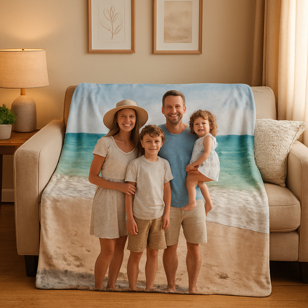 A cozy living room scene with a soft custom photo blanket featuring a family beach photo draped over a plush sofa. Alt: custom photo blanket displayed in a warm home setting