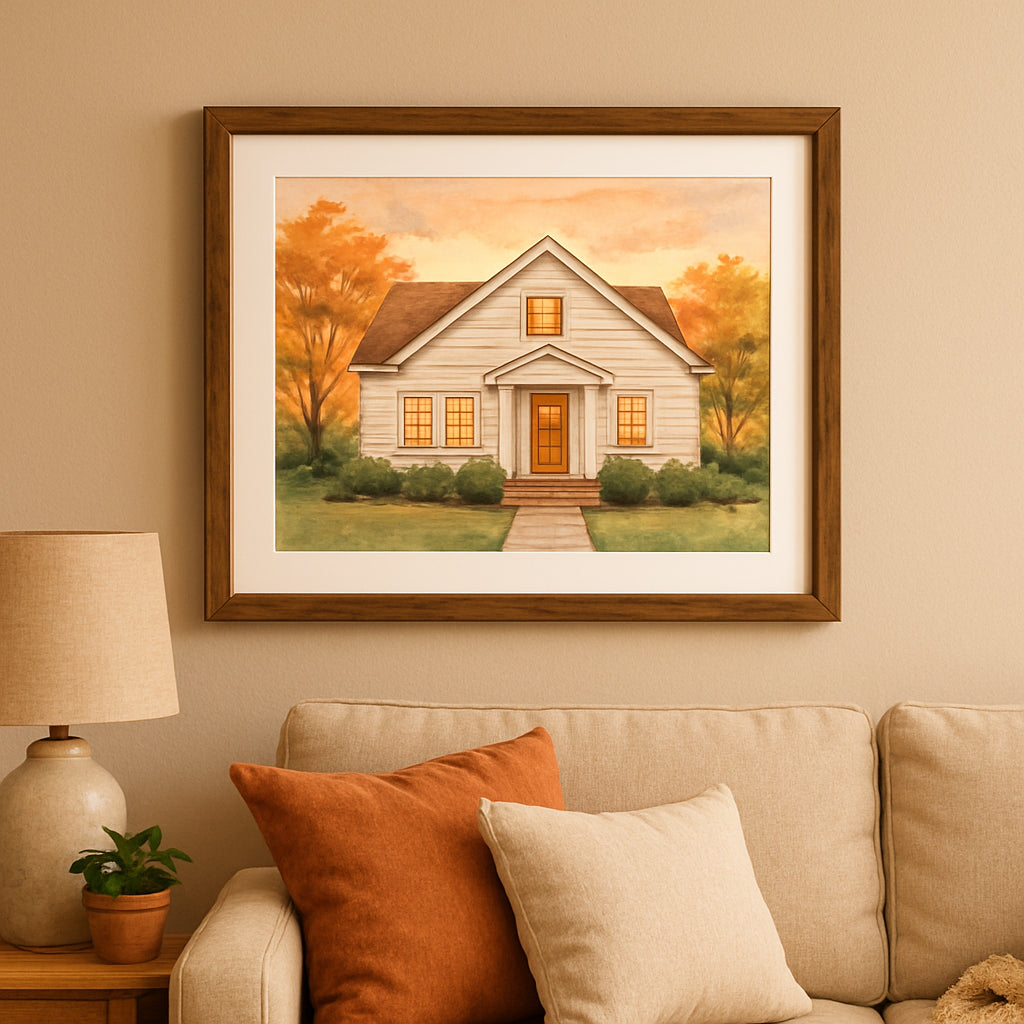 A cozy living room wall with a framed custom watercolor house portrait, showing the front of a charming suburban home with a sunset glow. Alt: custom watercolor house portrait on wall, warm home decor