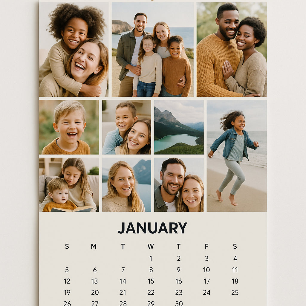 A collage of diverse, high-quality photos carefully arranged for a personalized photo calendar gift. Alt: A beautifully designed personalized calendar featuring a variety of cherished family and travel photos.